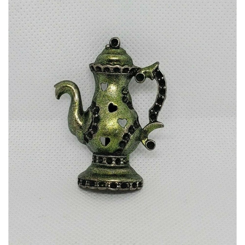 Rare Green Tea Kettle Lapel Pin Heart Embossed Hat Brooch